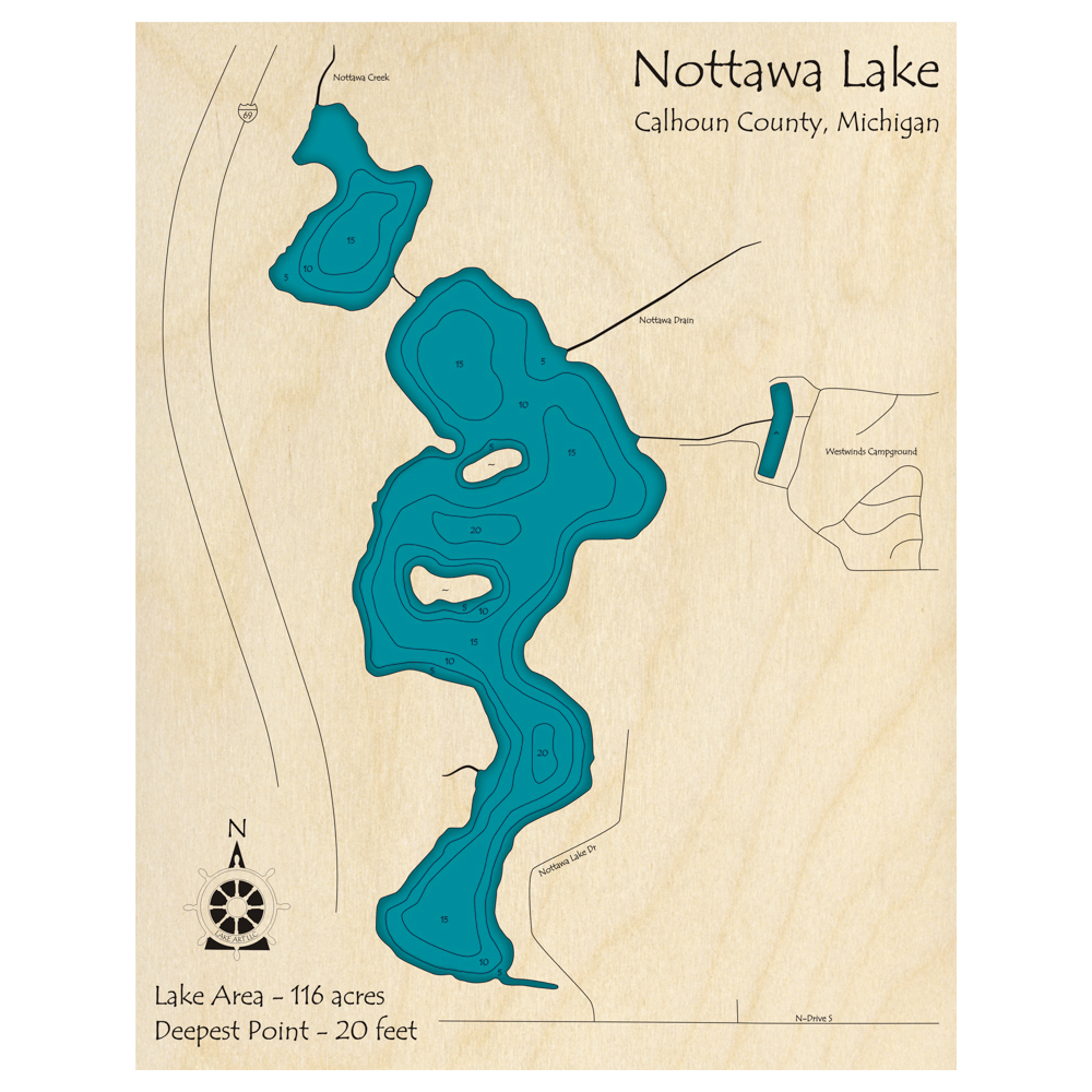 Bathymetric topo map of Nottawa Lake, MI with roads, towns and depths noted in blue water.