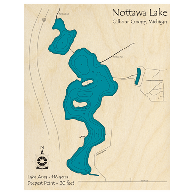 Bathymetric topo map of Nottawa Lake, MI with roads, towns and depths noted in blue water.