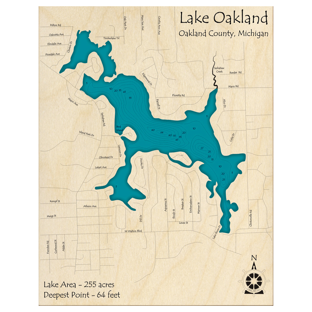 Bathymetric topo map of Lake Oakland, MI with roads, towns and depths noted in blue water.