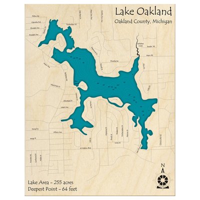 Bathymetric topo map of Lake Oakland, MI with roads, towns and depths noted in blue water.