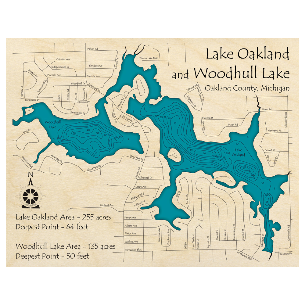 Bathymetric topo map of Lake Oakland, MI with roads, towns and depths noted in blue water.