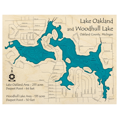 Bathymetric topo map of Lake Oakland, MI with roads, towns and depths noted in blue water.