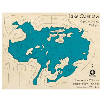 Bathymetric topo map of Lake Ogemaw, MI with roads, towns and depths noted in blue water.