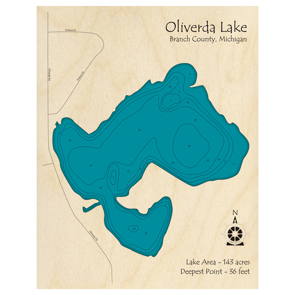 Bathymetric topo map of Oliverda Lake, MI with roads, towns and depths noted in blue water.