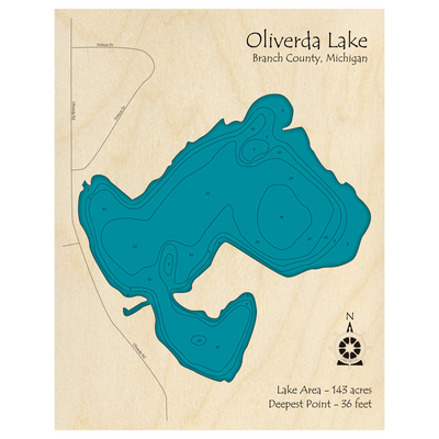Bathymetric topo map of Oliverda Lake, MI with roads, towns and depths noted in blue water.