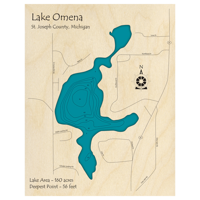 Bathymetric topo map of Lake Omena, MI with roads, towns and depths noted in blue water.