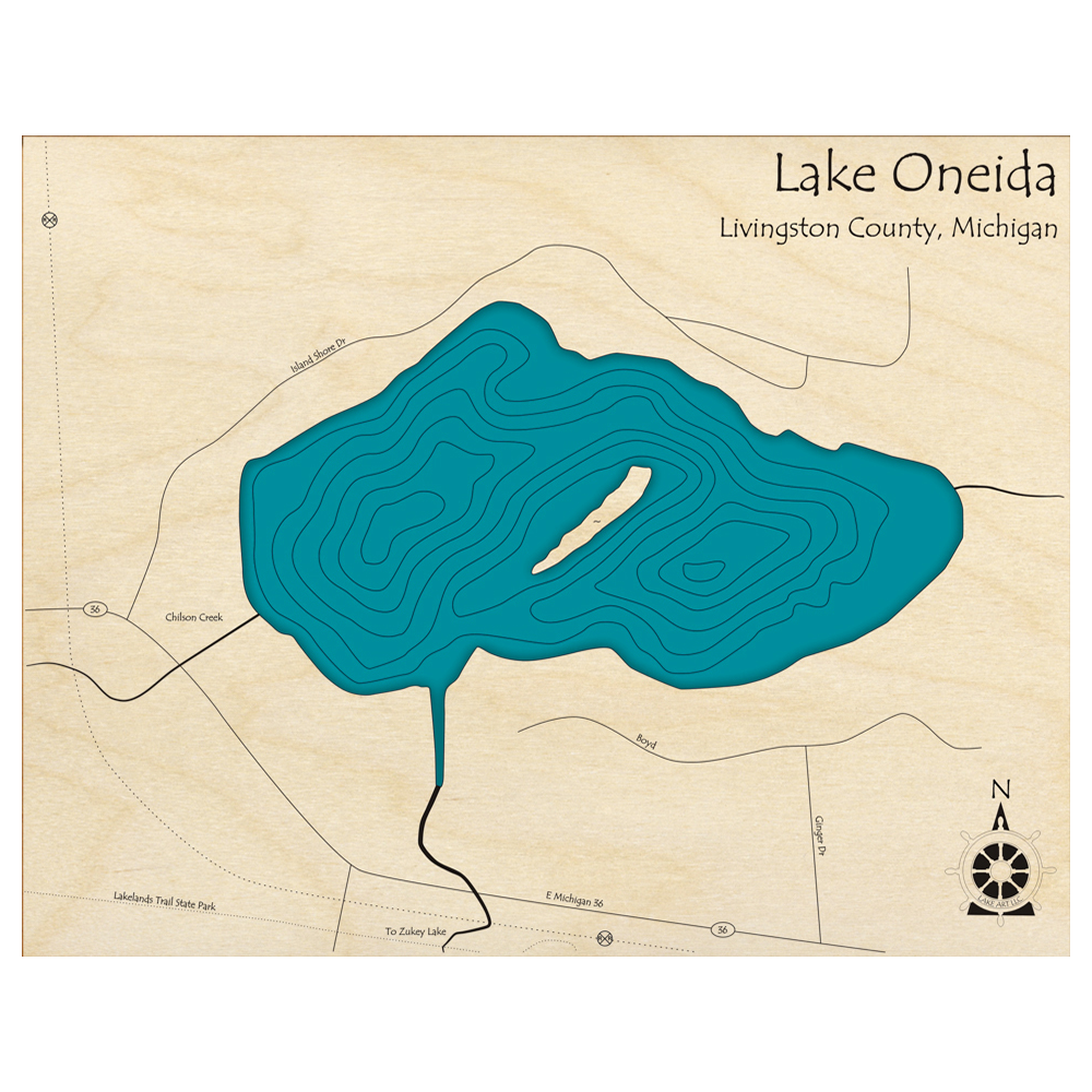 Bathymetric topo map of Lake Oneida, MI with roads, towns and depths noted in blue water.