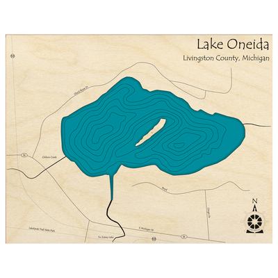 Bathymetric topo map of Lake Oneida, MI with roads, towns and depths noted in blue water.