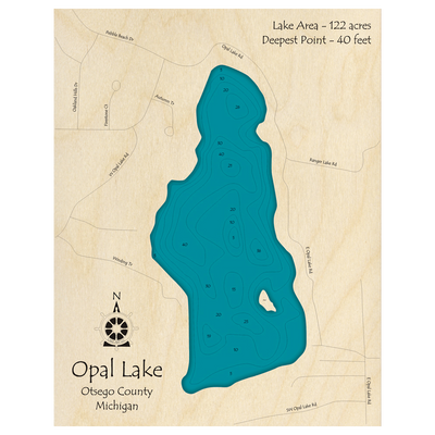 Bathymetric topo map of Opal Lake, MI with roads, towns and depths noted in blue water.