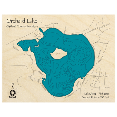 Bathymetric topo map of Orchard Lake, MI with roads, towns and depths noted in blue water.