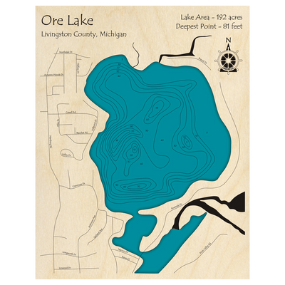 Bathymetric topo map of Ore Lake, MI with roads, towns and depths noted in blue water.