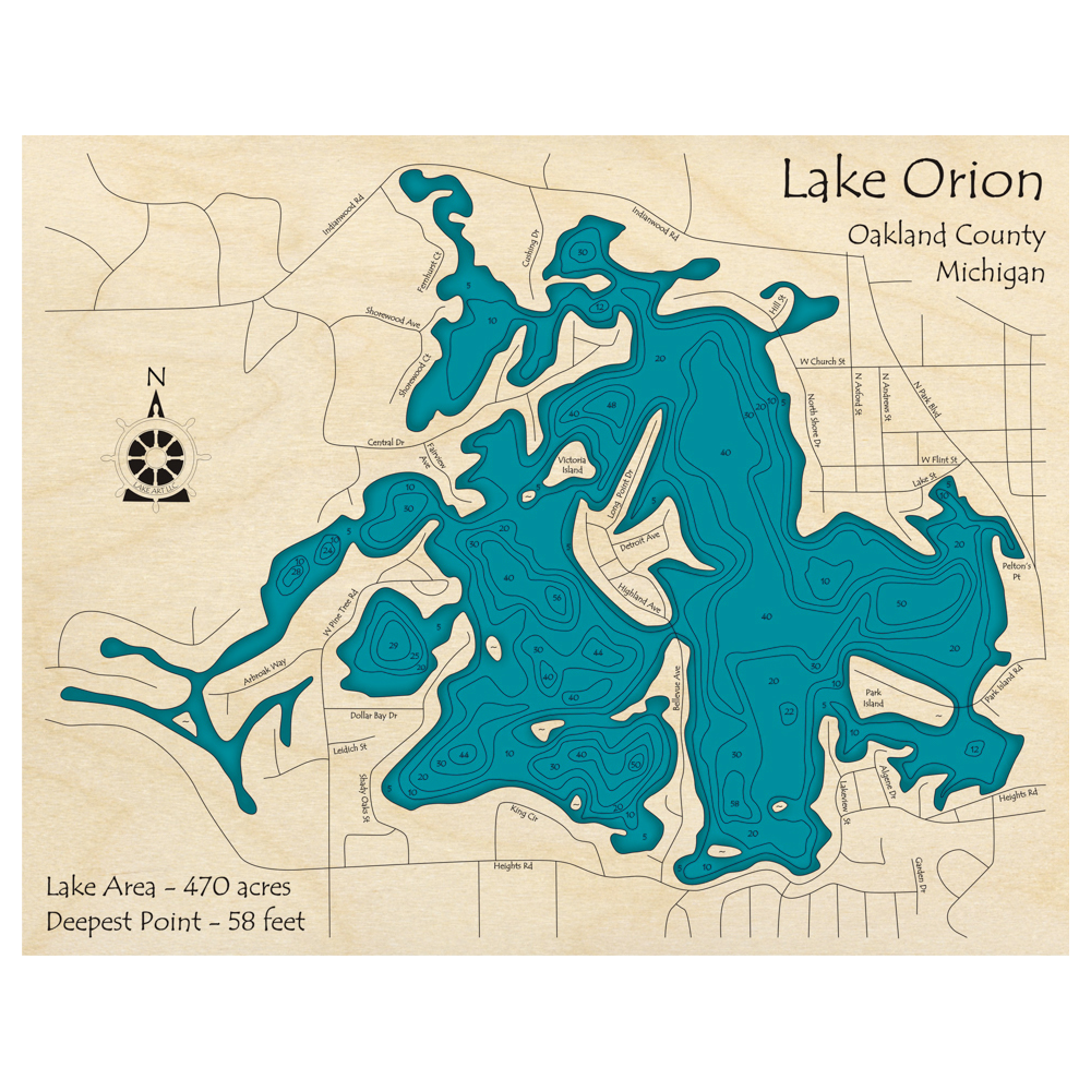Bathymetric topo map of Lake Orion, MI with roads, towns and depths noted in blue water.