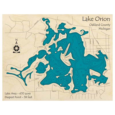 Bathymetric topo map of Lake Orion, MI with roads, towns and depths noted in blue water.