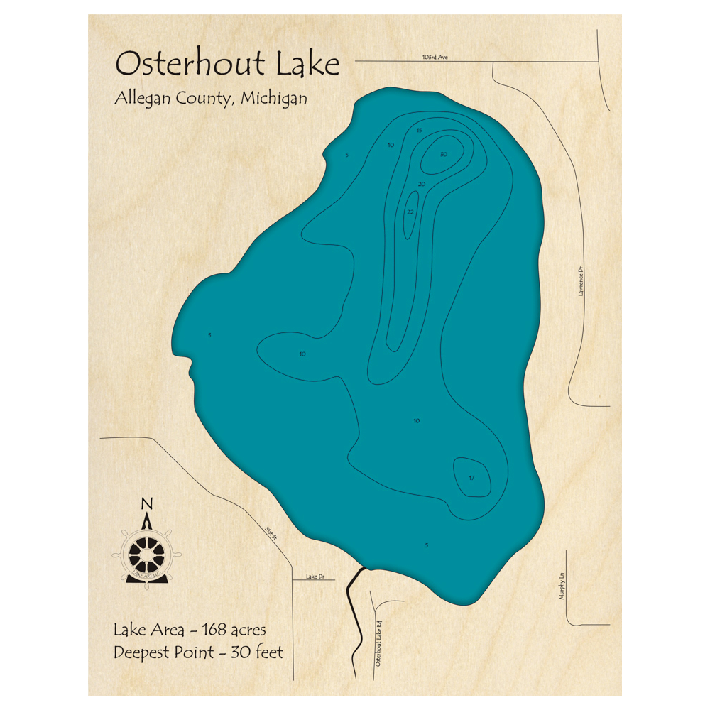 Bathymetric topo map of Osterhout Lake, MI with roads, towns and depths noted in blue water.