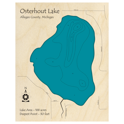 Bathymetric topo map of Osterhout Lake, MI with roads, towns and depths noted in blue water.