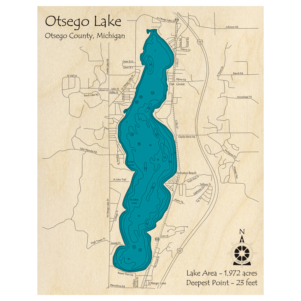Bathymetric topo map of Otsego Lake, MI with roads, towns and depths noted in blue water.