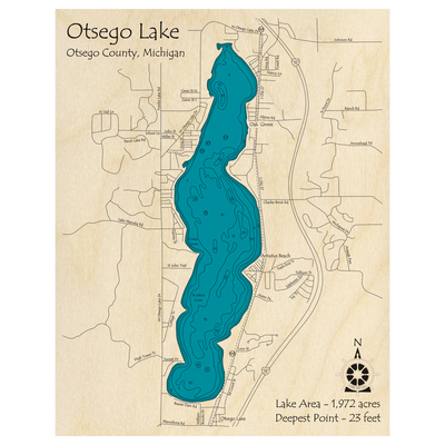 Bathymetric topo map of Otsego Lake, MI with roads, towns and depths noted in blue water.