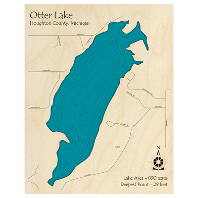 Bathymetric topo map of Otter Lake, MI with roads, towns and depths noted in blue water.
