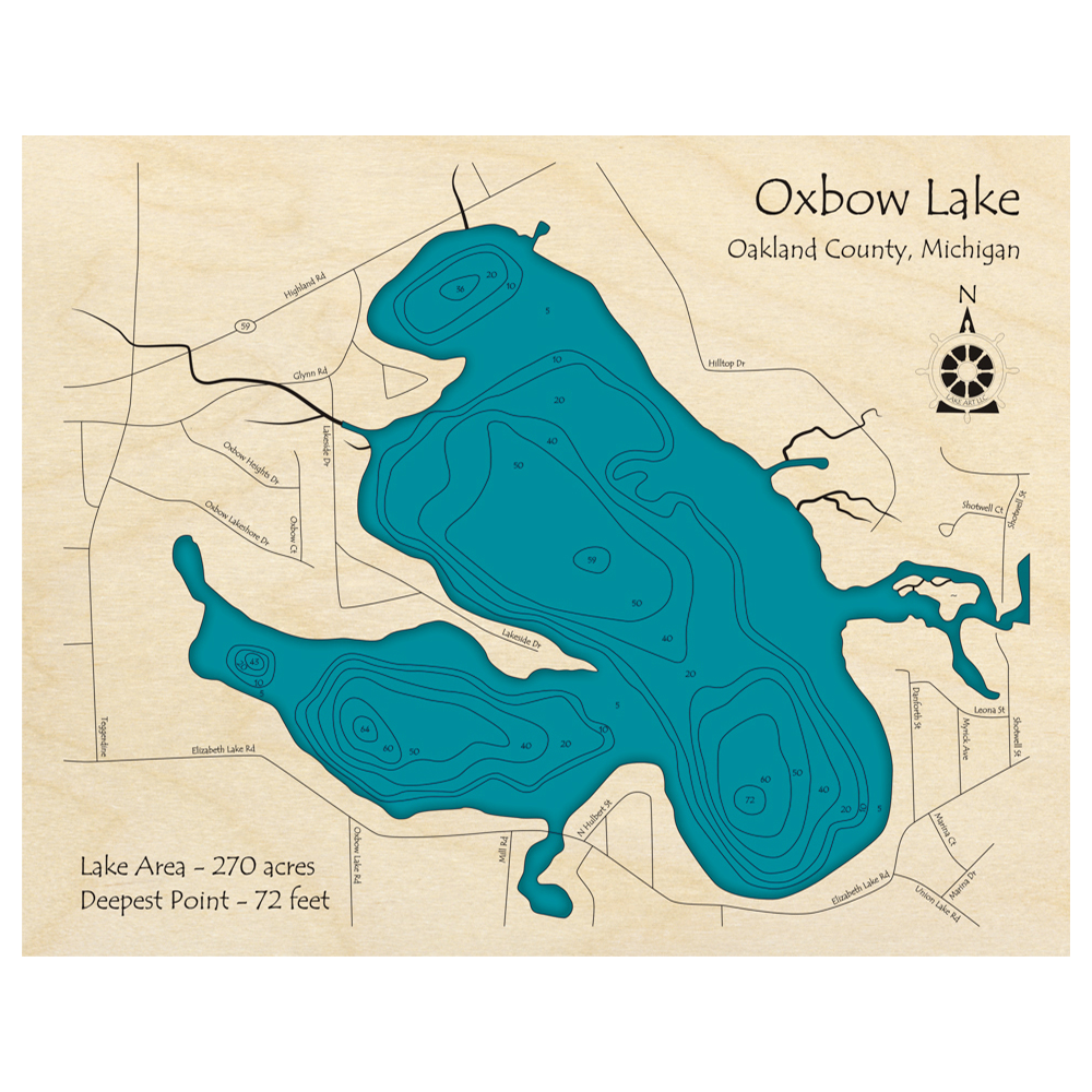 Bathymetric topo map of Oxbow Lake, MI with roads, towns and depths noted in blue water.