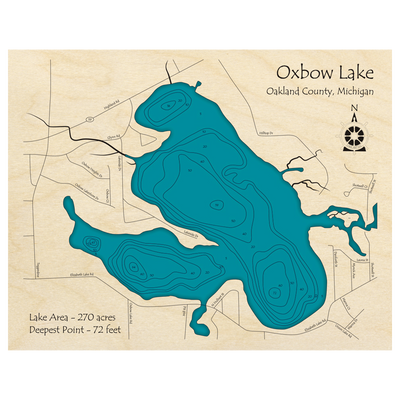 Bathymetric topo map of Oxbow Lake, MI with roads, towns and depths noted in blue water.