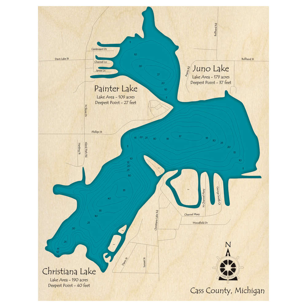 Bathymetric topo map of Painter Lake, MI with roads, towns and depths noted in blue water.