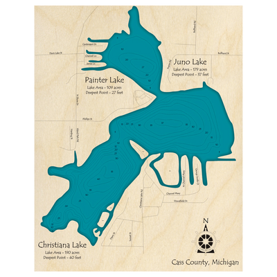 Bathymetric topo map of Painter Lake, MI with roads, towns and depths noted in blue water.