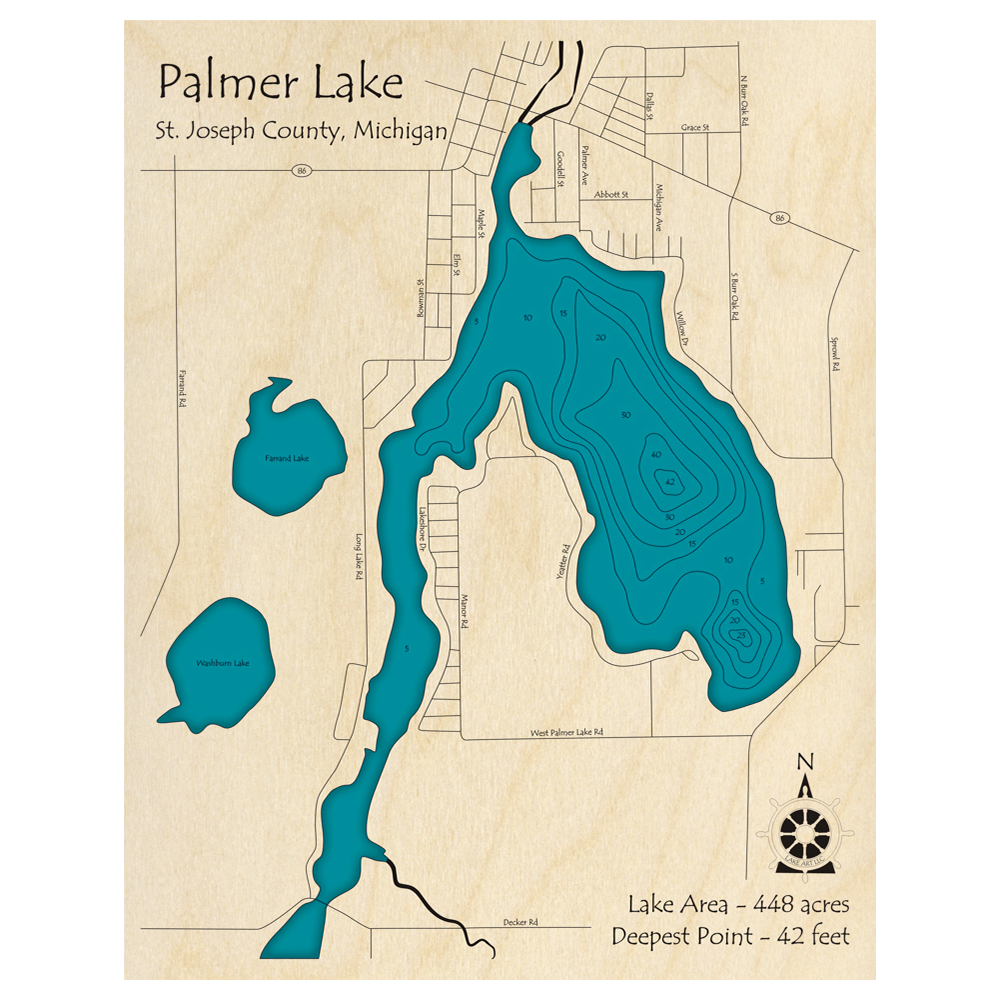 Bathymetric topo map of Palmer Lake, MI with roads, towns and depths noted in blue water.