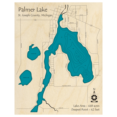Bathymetric topo map of Palmer Lake, MI with roads, towns and depths noted in blue water.