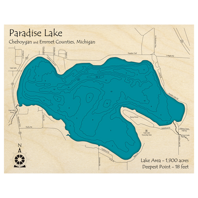 Bathymetric topo map of Paradise Lake - Carp Lake, MI with roads, towns and depths noted in blue water.
