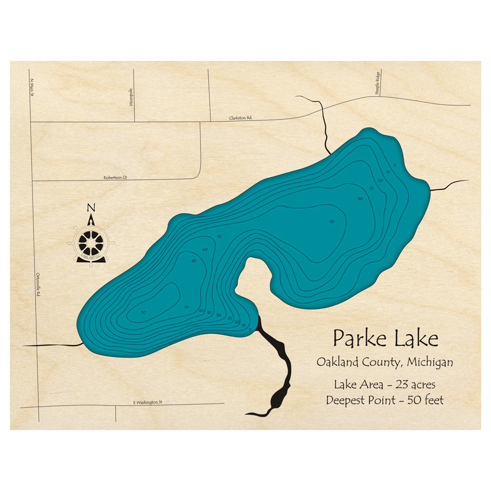 Bathymetric topo map of Parke Lake, MI with roads, towns and depths noted in blue water.