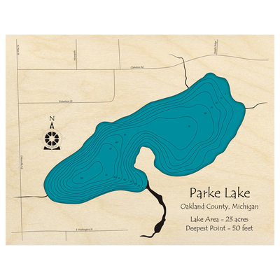 Bathymetric topo map of Parke Lake, MI with roads, towns and depths noted in blue water.
