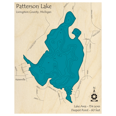 Bathymetric topo map of Lake Patterson, MI with roads, towns and depths noted in blue water.