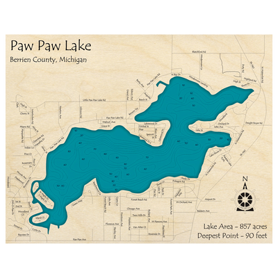 Bathymetric topo map of Paw Paw Lake, MI with roads, towns and depths noted in blue water.