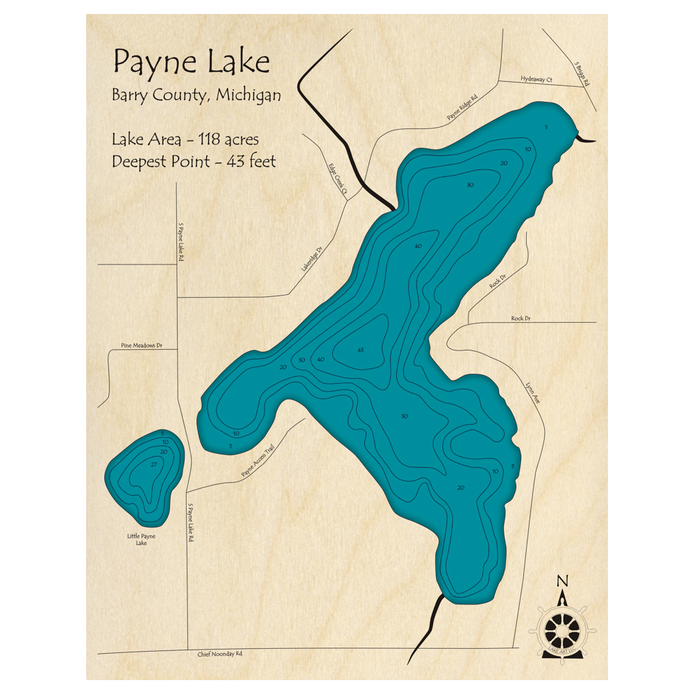 Bathymetric topo map of Payne Lake, MI with roads, towns and depths noted in blue water.