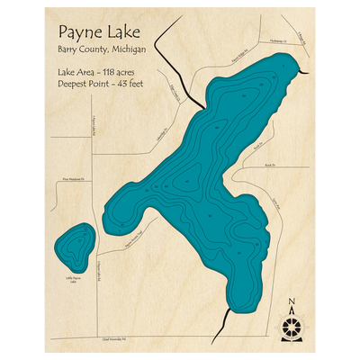 Bathymetric topo map of Payne Lake, MI with roads, towns and depths noted in blue water.