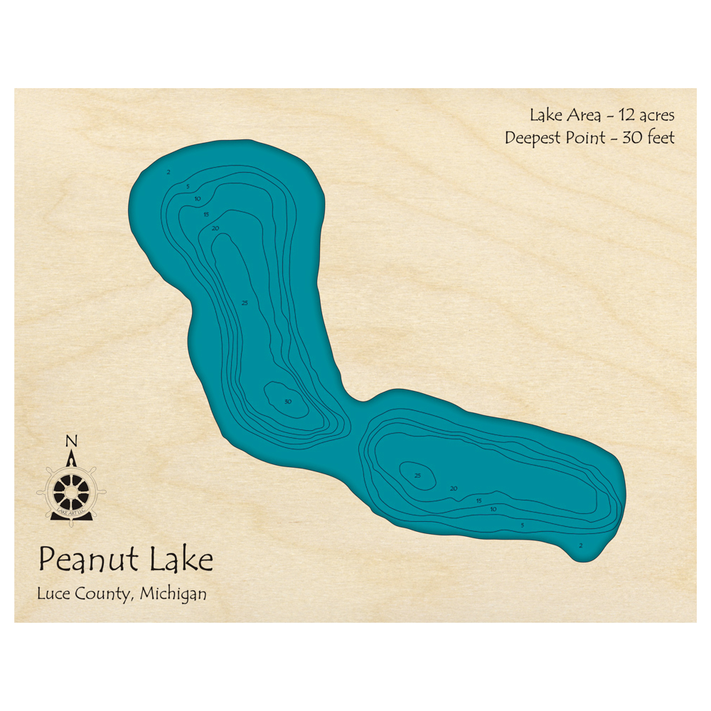Bathymetric topo map of Peanut Lake, MI with roads, towns and depths noted in blue water.
