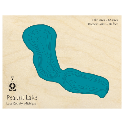 Bathymetric topo map of Peanut Lake, MI with roads, towns and depths noted in blue water.