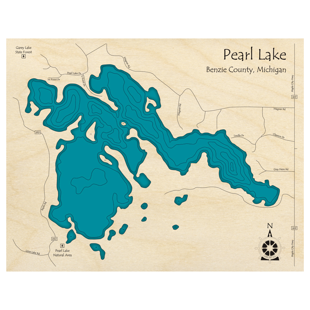 Bathymetric topo map of Pearl Lake, MI with roads, towns and depths noted in blue water.