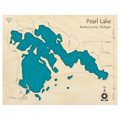 Bathymetric topo map of Pearl Lake, MI with roads, towns and depths noted in blue water.