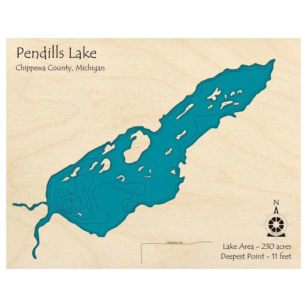 Bathymetric topo map of Pendills Lake, MI with roads, towns and depths noted in blue water.