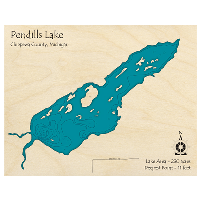 Bathymetric topo map of Pendills Lake, MI with roads, towns and depths noted in blue water.