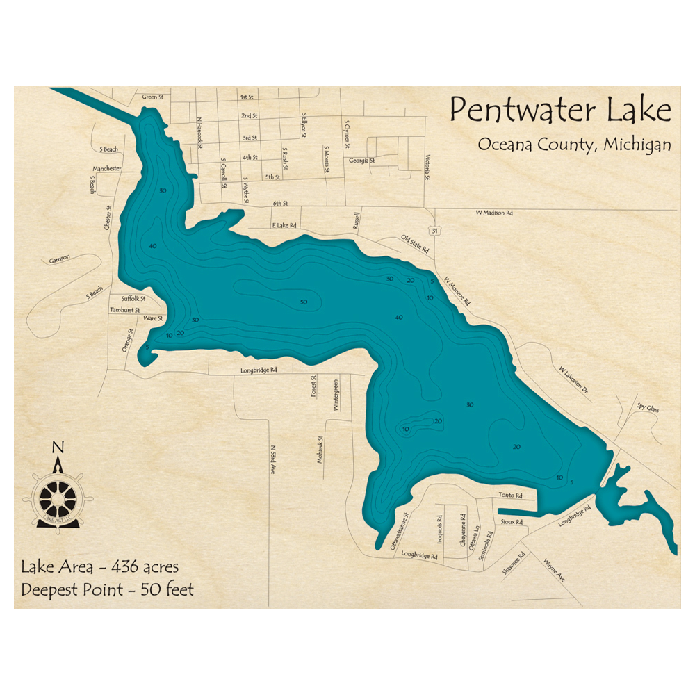 Bathymetric topo map of Pentwater Lake, MI with roads, towns and depths noted in blue water.