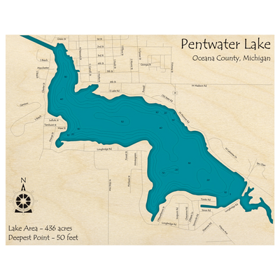 Bathymetric topo map of Pentwater Lake, MI with roads, towns and depths noted in blue water.