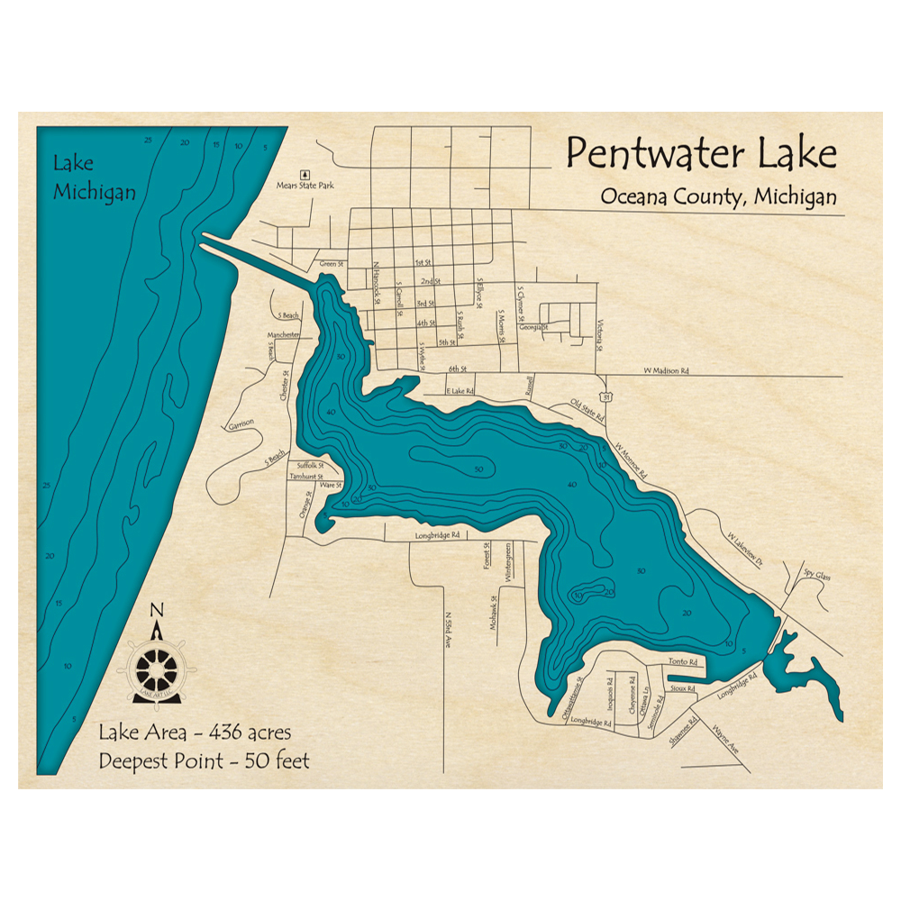 Bathymetric topo map of Pentwater Lake, MI with roads, towns and depths noted in blue water.