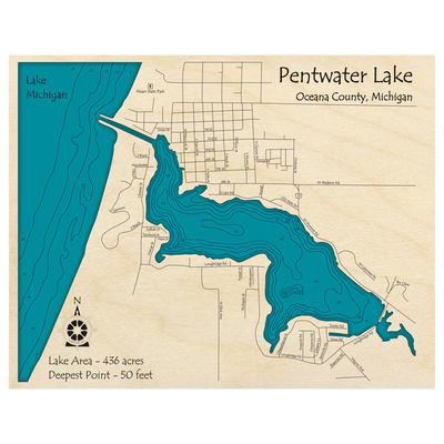Bathymetric topo map of Pentwater Lake, MI with roads, towns and depths noted in blue water.