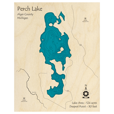 Bathymetric topo map of Perch Lake, MI with roads, towns and depths noted in blue water.