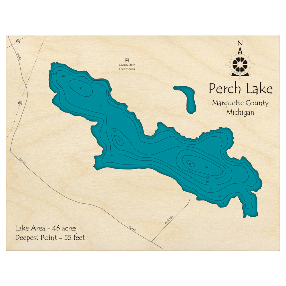 Bathymetric topo map of Perch Lake, MI with roads, towns and depths noted in blue water.