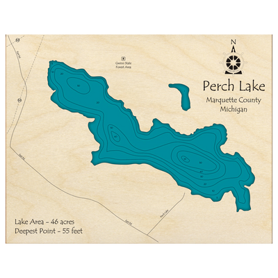Bathymetric topo map of Perch Lake, MI with roads, towns and depths noted in blue water.