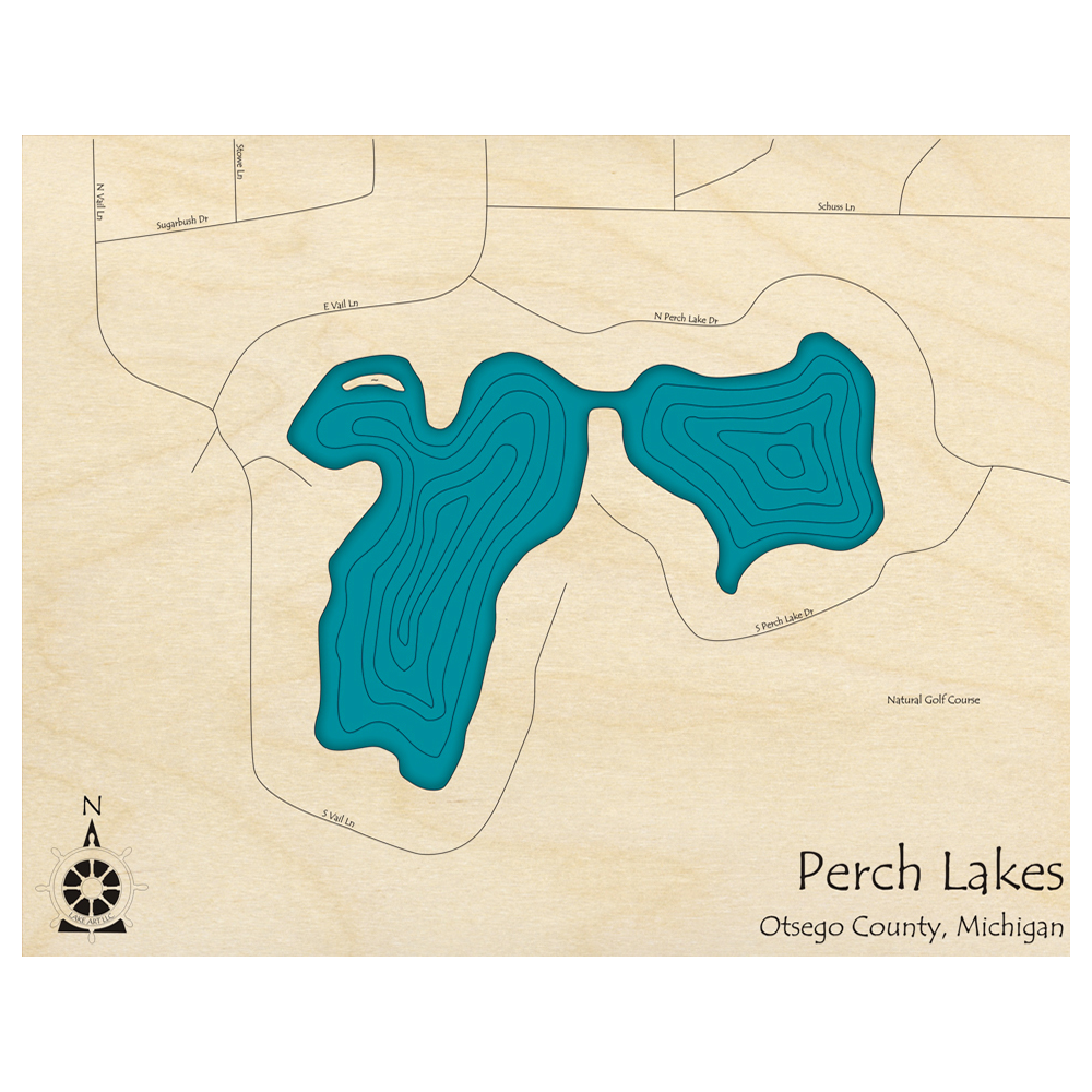Bathymetric topo map of Perch Lake, MI with roads, towns and depths noted in blue water.