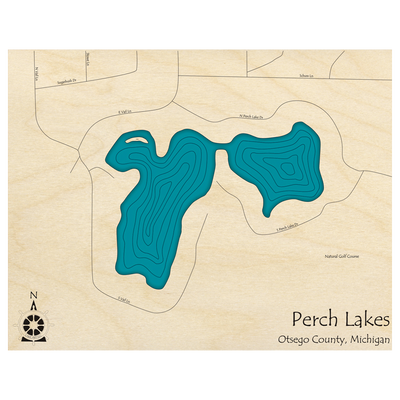 Bathymetric topo map of Perch Lake, MI with roads, towns and depths noted in blue water.